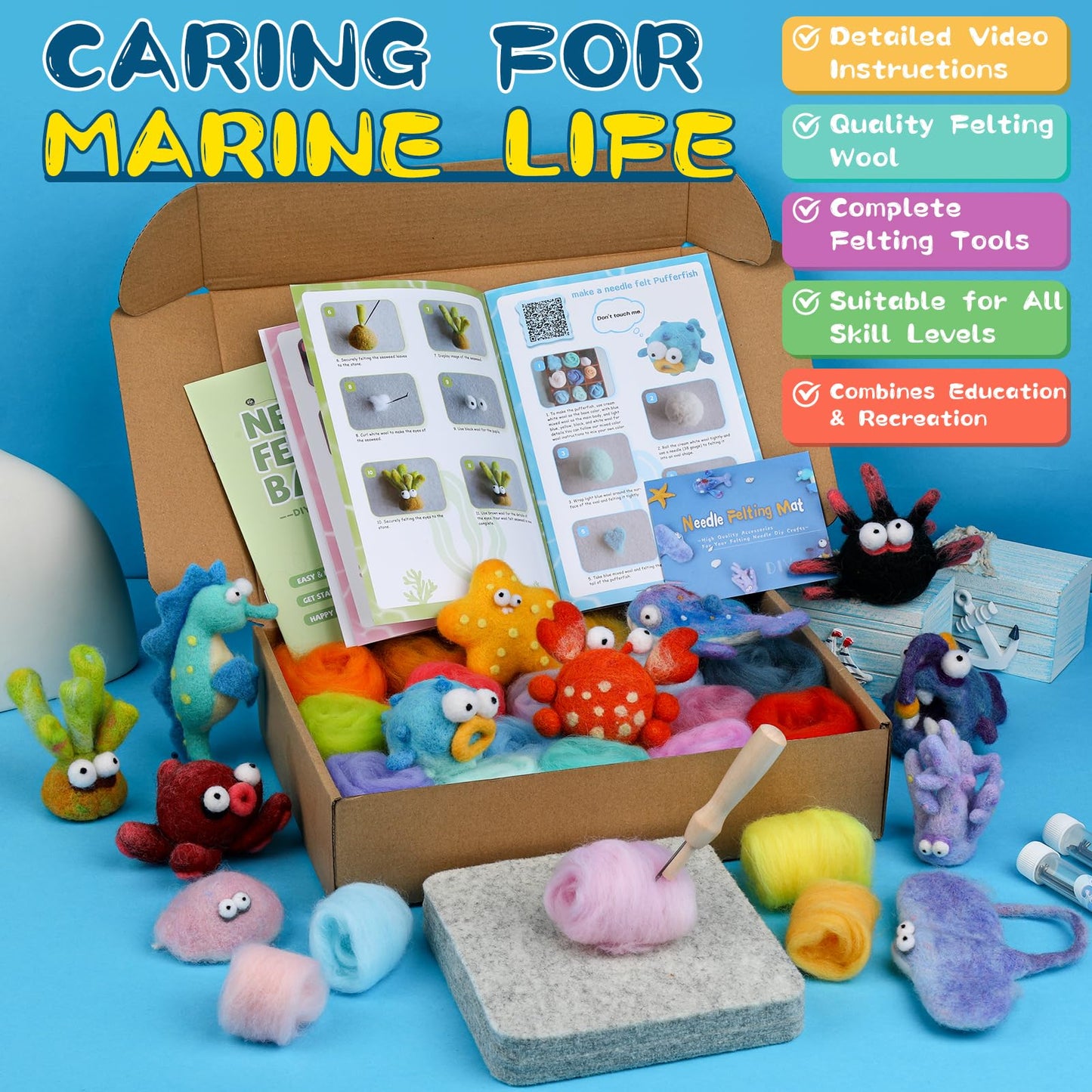 Fedmut Needle Felting Kits for Beginners Adult 12 Sea Animal Supplies with Wool Roving, Felt Art Kit, Wool Felting Kit for DIY Craft Home Decoration Party Supplies for Starters