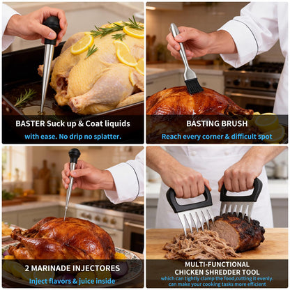 T-Raputa Turkey Baster Set – Includes Baster for Cooking, Barbecue Basting Brush,2 Meat Shredder Claws 2 Flavor Injector with Cleaning Brush– for Home Baking Kitchen Tool,Ideal Holiday Gift Great