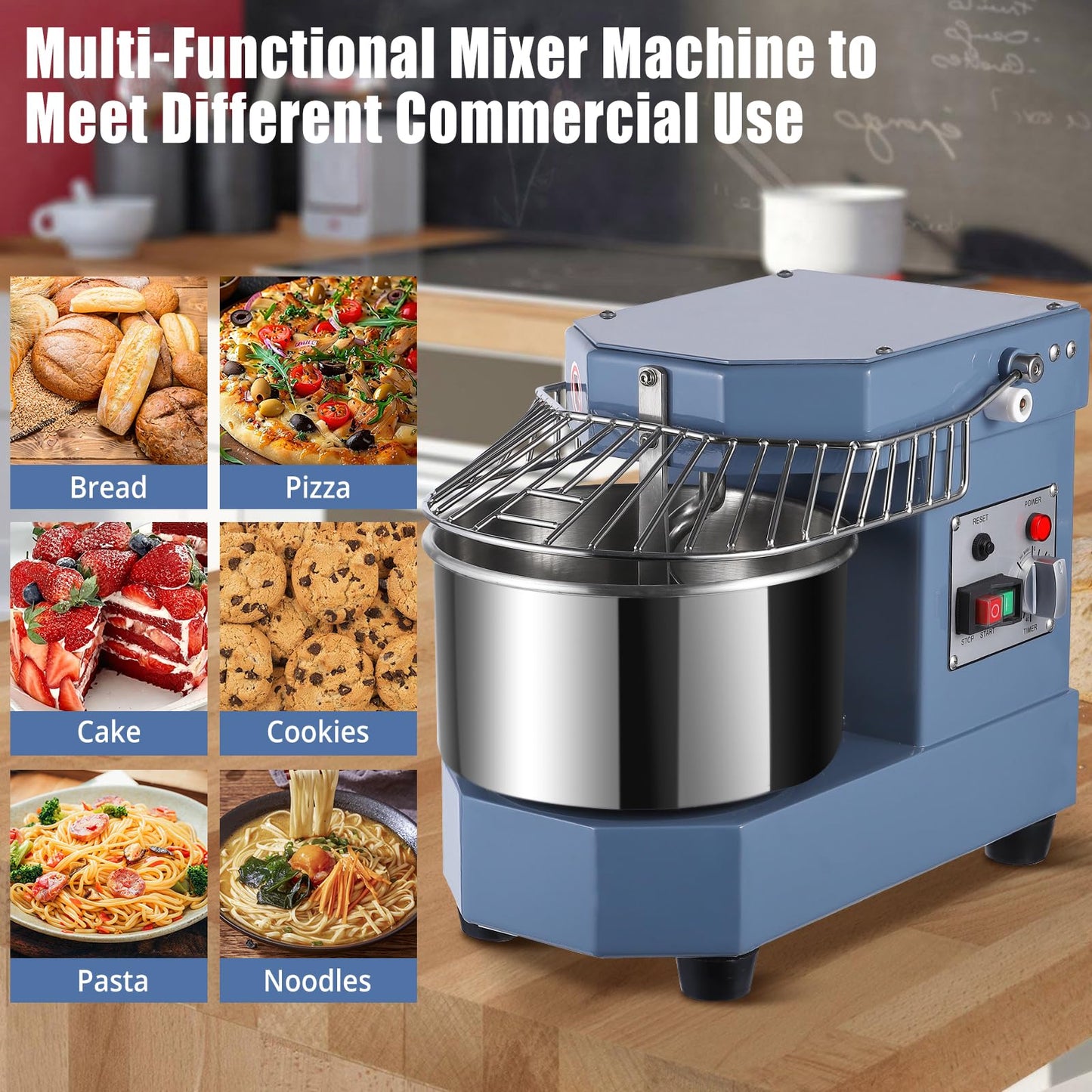 Commercial Dough Mixer 8.5QT with Timer Function, 450W Commercial Food Mixer Dual Rotating Dough Kneading Machine with Food-grade Stainless Steel Bowl, Security Shield