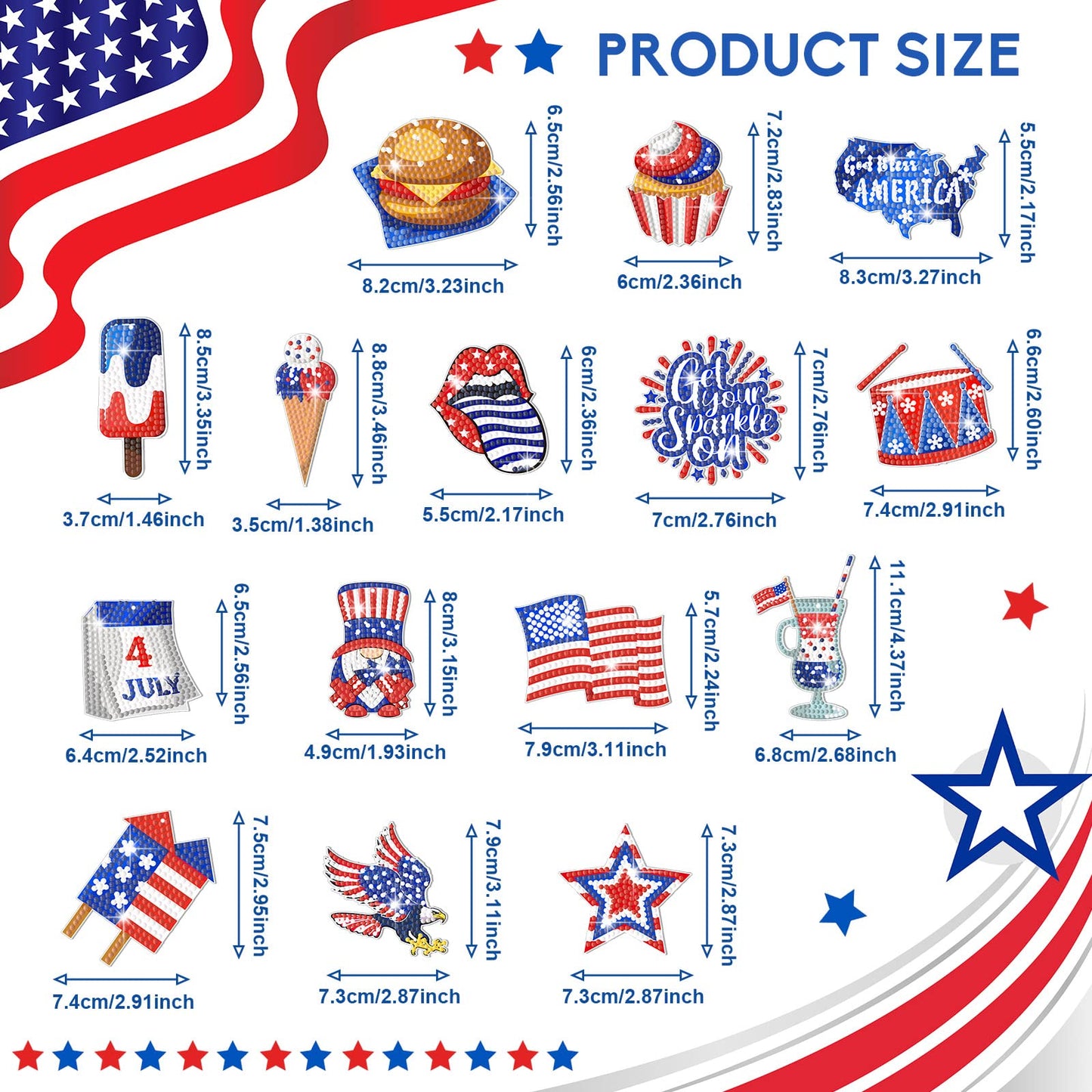 Ecally 15 Pcs Patriotic 4th of July Diamond Painting Keychains 5D DIY Art Ornaments for Independence Day Decor (Vivid)