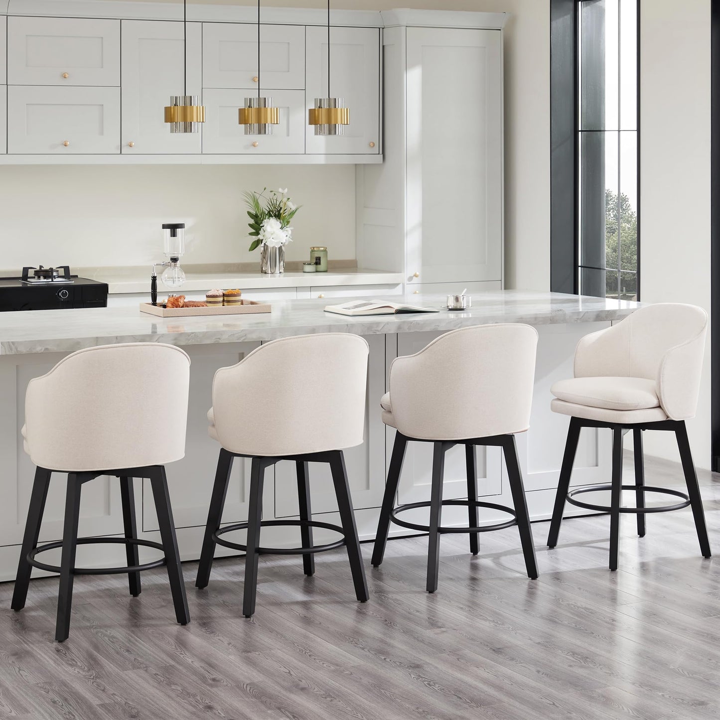 Counter Height Barstools 26 inch Upholstered Swivel Bar Stools with Back and Wood Legs for Kitchen Island,Set of 2,Beige Fabric