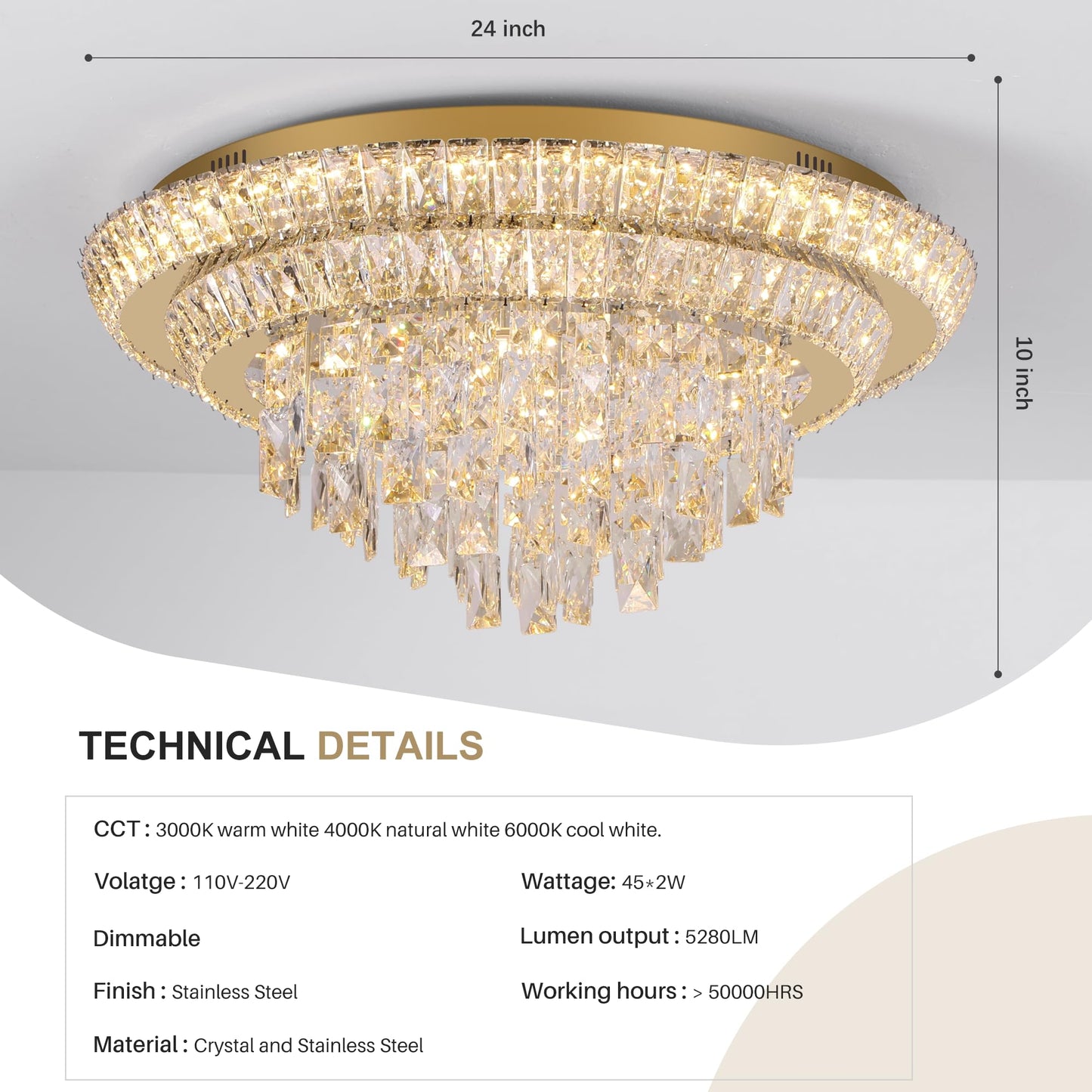 24 inch Flush Mount Crystal Chandelierse with Remote and APP Gold, Modern Elegant LED Crystal Raindrop Ceiling Light Fixtur, 3CCT Dimmable, for Living Room Kitchen Island Bedroom Entryway Foyer