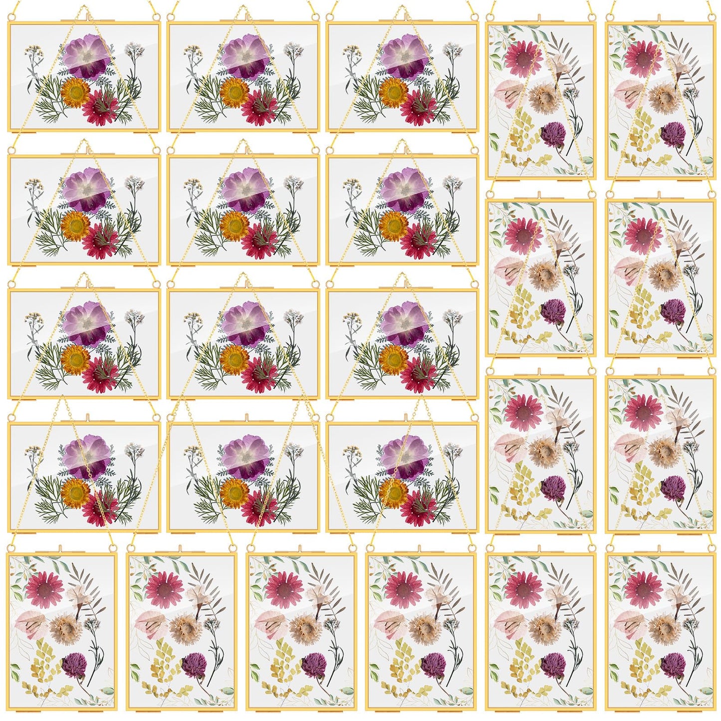 Barydat 12 Pack Pressed Flowers Glass Frames, 5 x 7 Inch Brass Hanging Floating Frame with Chain, Double Glass Photo Display for Dried Flowers, Plant Specimen, Artwork Display (Gold)