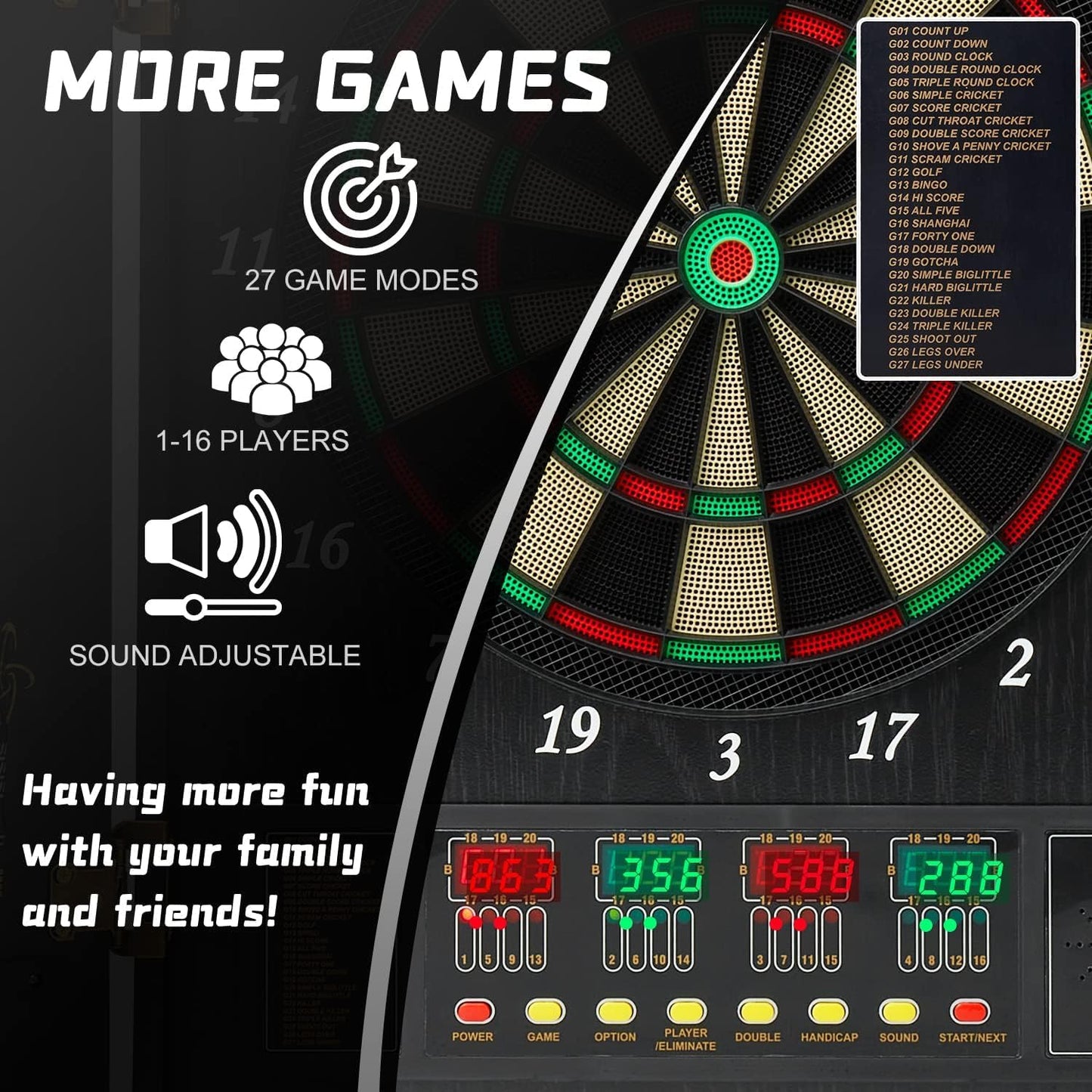 Electronic Dart Board, Wooden Box Dartboard with 12 Soft Tip Dart, 18 Inch LED Digital Dart Boards, Multiplayer/Multiple Ways to Play, Darts Competition