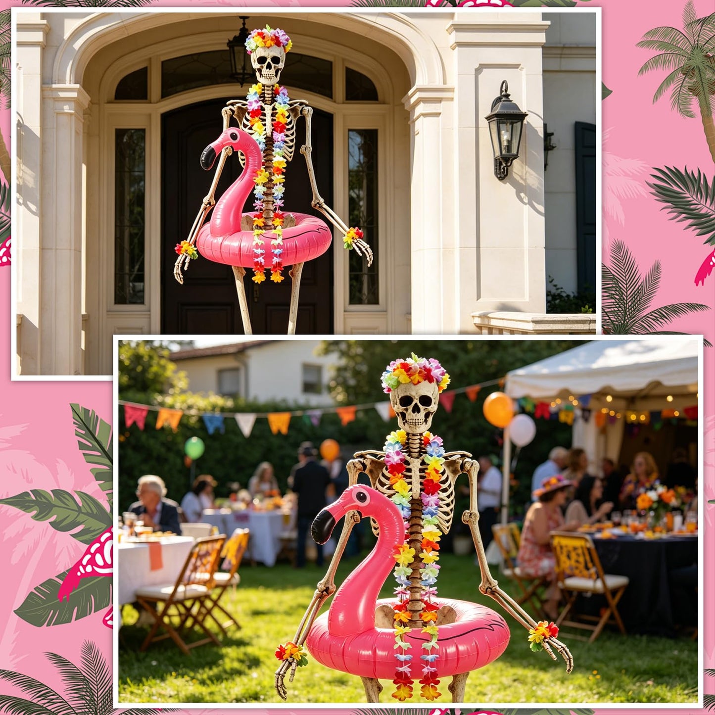 7Pcs Summer Hawaiian 12 ft Skeleton Costume Accessories Include Inflatable Flamingo Swimming Ring Hawaiian Hula Grass Skirt Beach Ball Wristbands Flower Garlands for Garden Lawn Luau Party Decor