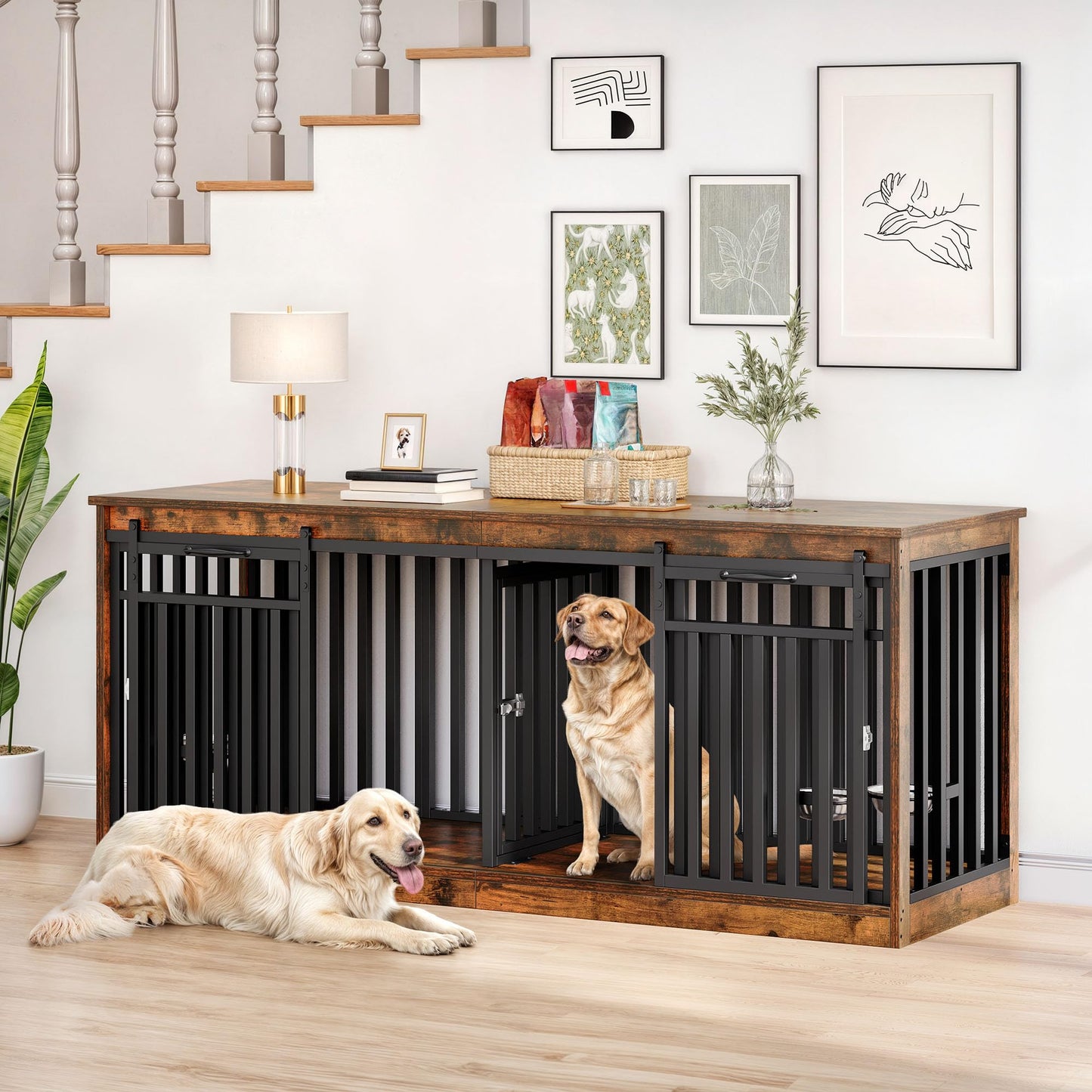DWVO 71" Double Dog Crate Furniture for 2 Medium Dogs, Heavy Duty Wood Dual Dog Kennel TV Stand with Sliding Doors, Decorative Wooden 2 Dog Cage Table with Dog Bowls for Extra Large Dogs Rustic Brown