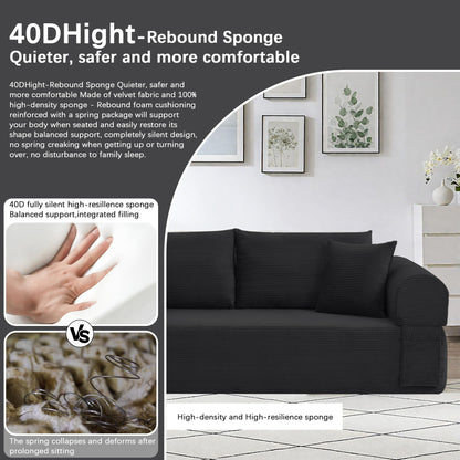 83" Modern Sofa in a Box, No Assembly Oversized 3 Seater 28" Deep Seat Cloud Sofa Bed Couch with 4 Furry Pillows & Corduroy Fabric, Boneless Couch with Side Storage Pockets for Living Room, Black