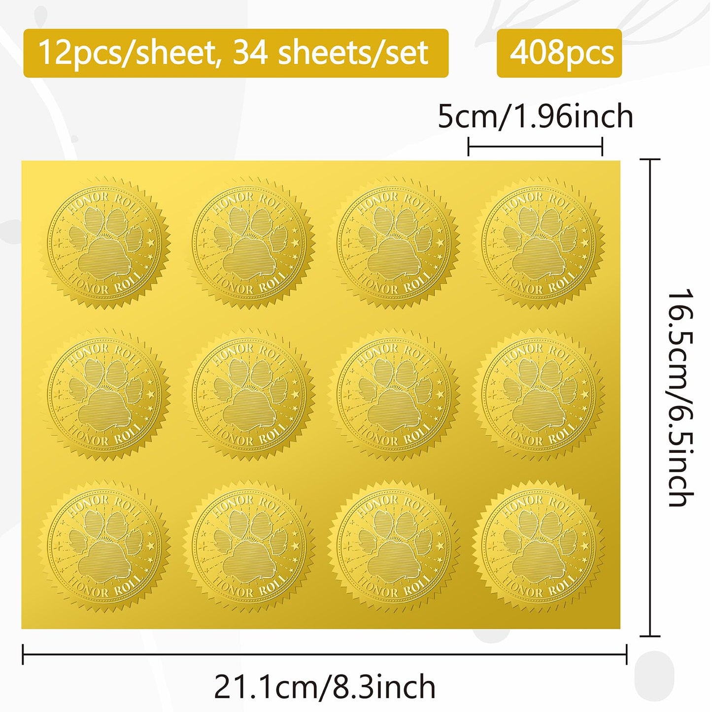 CRASPIRE 408Pcs Dog Paw Print Gold Foil Embossed Stickers 2" Honor Roll Self Adhesive Envelopes Seals Round Labels for Wedding Invitation Graduation Corporate Certificates Diplomas Gift Wrapping Decor
