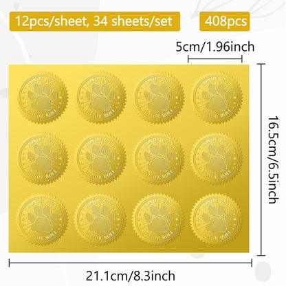 CRASPIRE 408Pcs Dog Paw Print Gold Foil Embossed Stickers 2" Honor Roll Self Adhesive Envelopes Seals Round Labels for Wedding Invitation Graduation Corporate Certificates Diplomas Gift Wrapping Decor