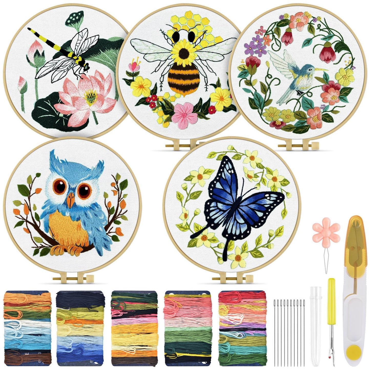 TINDTOP 5 Sets Embroidery Kit for Beginners Adult, Embroidery Kit for Beginners Include Embroidery Cloth Hoops Threads for Craft Lover Hand Stitch with Embroidery Skill Techniques