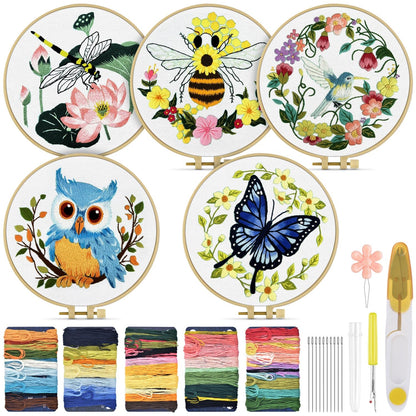 TINDTOP 5 Sets Embroidery Kit for Beginners Adult, Embroidery Kit for Beginners Include Embroidery Cloth Hoops Threads for Craft Lover Hand Stitch with Embroidery Skill Techniques