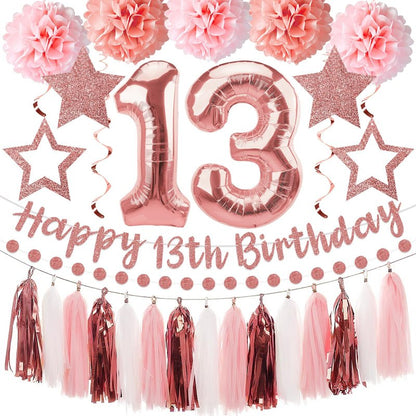 Kuxriox 13Pcs Happy 13th Birthday Decorations for Girls, Pink Rose Gold 13th Birthday Banner and Balloons, Glittery 13 Year Old Bday Tissue Pompoms, Circle Dots Garland, Tassel Garland Party Supplies