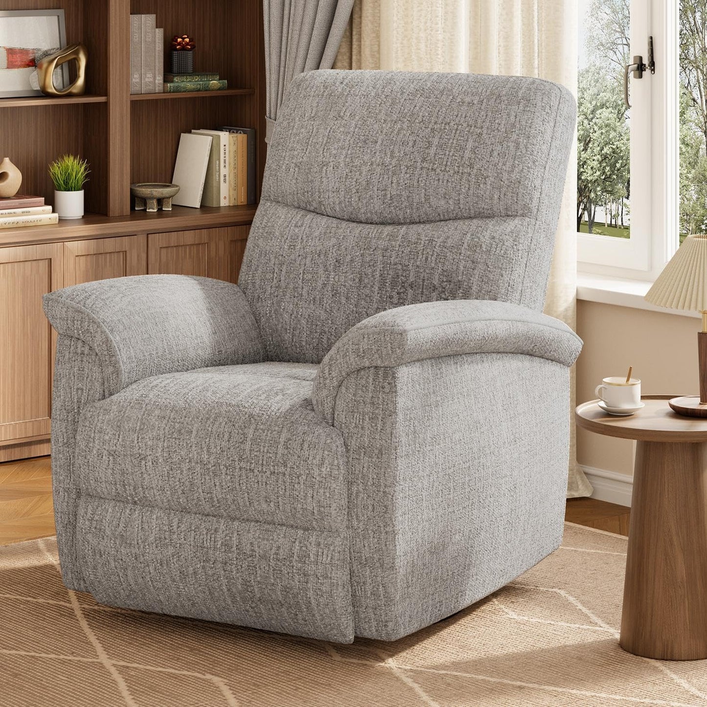 GarveeHome Recliner Chair, 360° Swivel Rocker Glider Nursery Chair with Padded Armrest and Deep Seat, PU Leather Upholstered Reclining Sofa Chair for Living Room, Bedroom and Nursery (Light Gray)