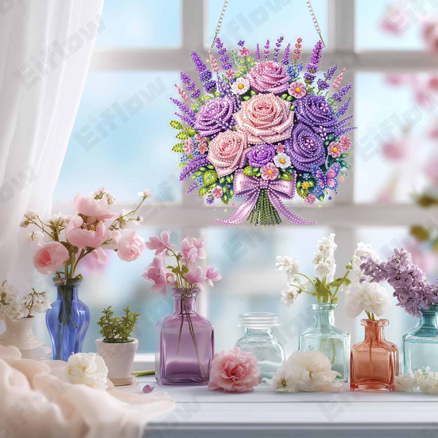 Eiflow Acrylic Diamond Art Hanging Kit for Adults Mother's Day, DIY Diamonds Painting Door Hanging Board Kit, Special Crystal Diamond Art Painting Pendant Ornament (Flower)