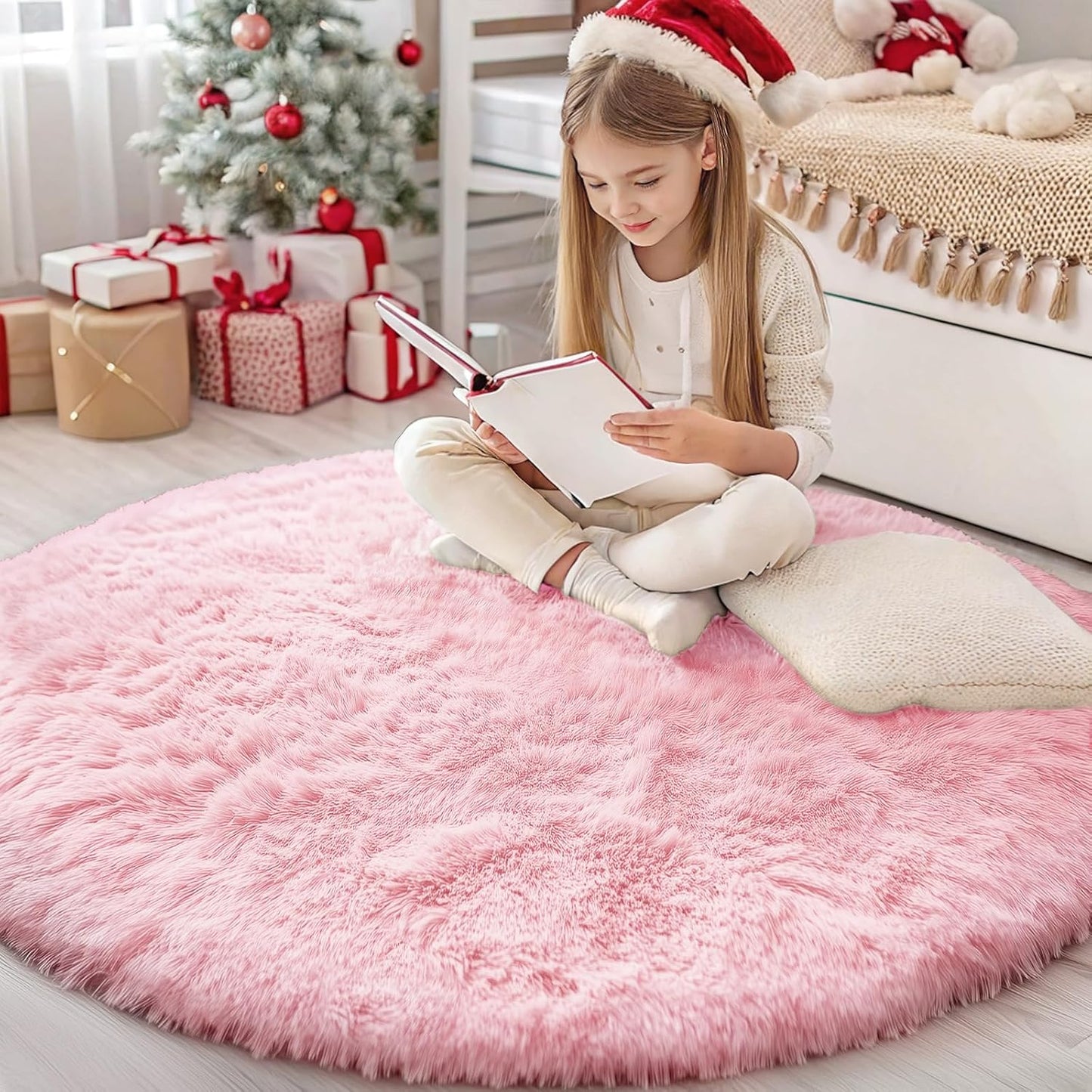 OLANLY Pink Round Rug - Soft, Fluffy Shaggy Carpet for Bedroom | 4 ft Machine Washable Area Rug