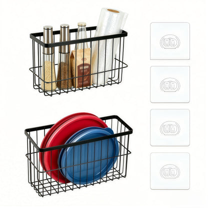 SXSWNSDLX 2 Pack Adhesive Cabinet Door Organizer, No Drilling Required, Hanging Storage Basket Organizer Wall Mounted Pantry, for Kitchen, Fridge, Bathroom (Black)