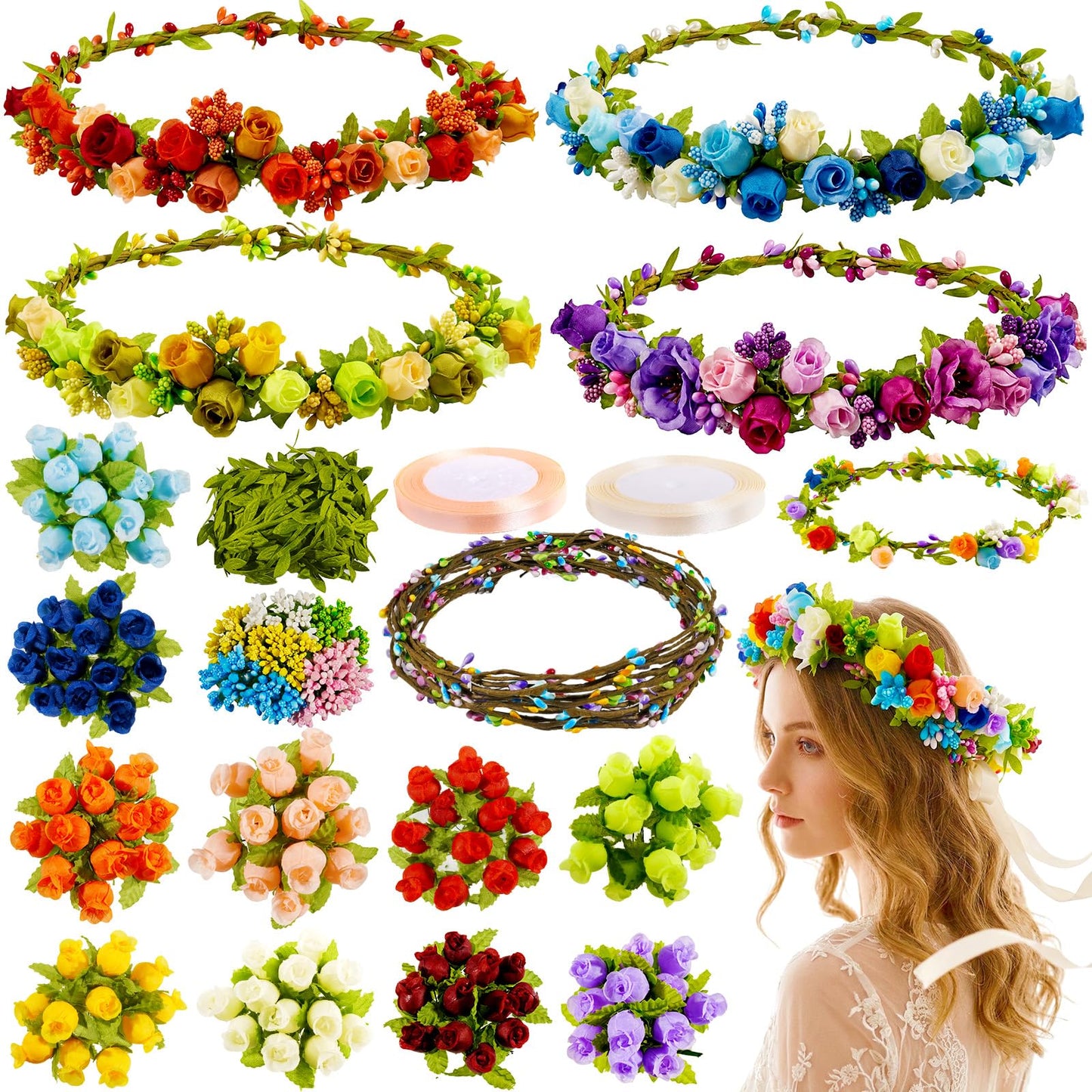Pattyeer 213Pcs(30 Set) DIY Flower Crowns Making Kit, Handmade Floral Crown Garland Wreath Craft Kit, Make Your Own Flower Hair Accessories Gift for Women