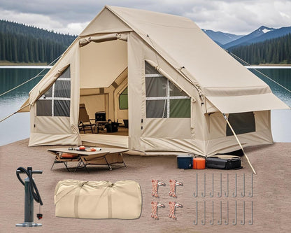 Inflatable Camping Tent with Pump, 4-6 Person Glamping Tents Sun Shelter, Easy Setup Waterproof Outdoor Oxford Tents, Self-Supporting Structure Inflatable House Tent