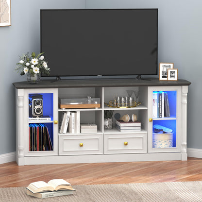 Corner TV Stand for 55 60 65 Inch TVs, Farmhouse Entertainment Center with 2 Storage Drawers and 2 Display Cabinet & Power Outlet and LED Lights, Wood TV Console Table for Living Room, Bedroom, White