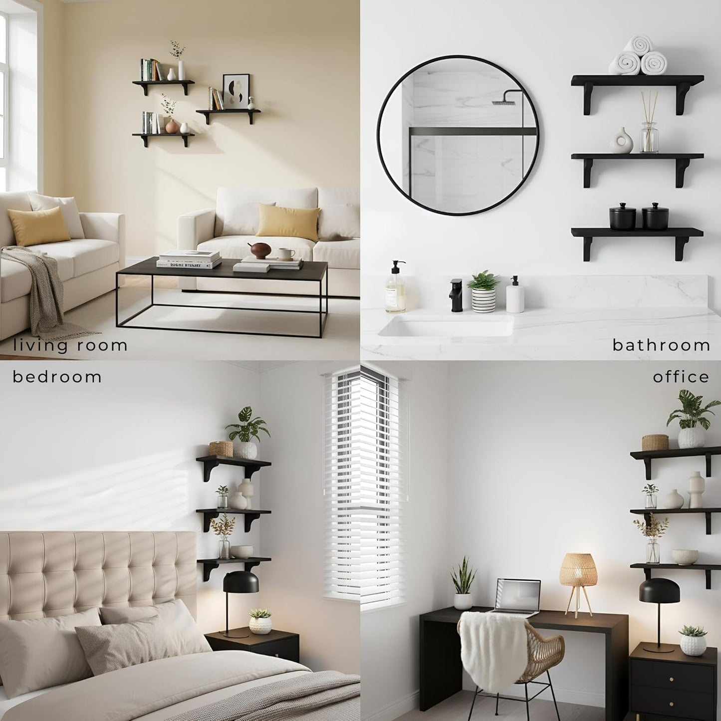 17 inch (3 Pack) Real Wood Black Shelves for Wall - - Easy to Install, Template and Video Included - Black Wall Shelf