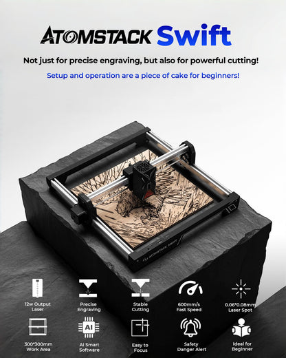 ATOMSTACK Swift Laser Engraver for Beginners, 12000mW Output Laser Cutter, Laser Class 4, 300×300mm Working Area, 0.08mm Accuacy Engraving Machine for Wood, Leather, Coated Metal, Acrylic (Swift 12W)