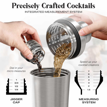 BARE BARREL Insulated Cocktail Shaker Set | Double Wall Stainless Steel | Martini Shaker for Home Bar Bartending | Built-in Drink Measure System & Strainer, Travel Bag, Recipes | Gift Set (Silver)