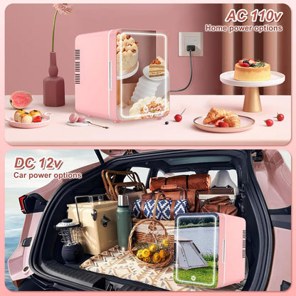 Mini Fridge for Bedroom, Skincare Fridge with Dimmable LED Light Mirror, 4L Makeup Mini Fridge, Pink