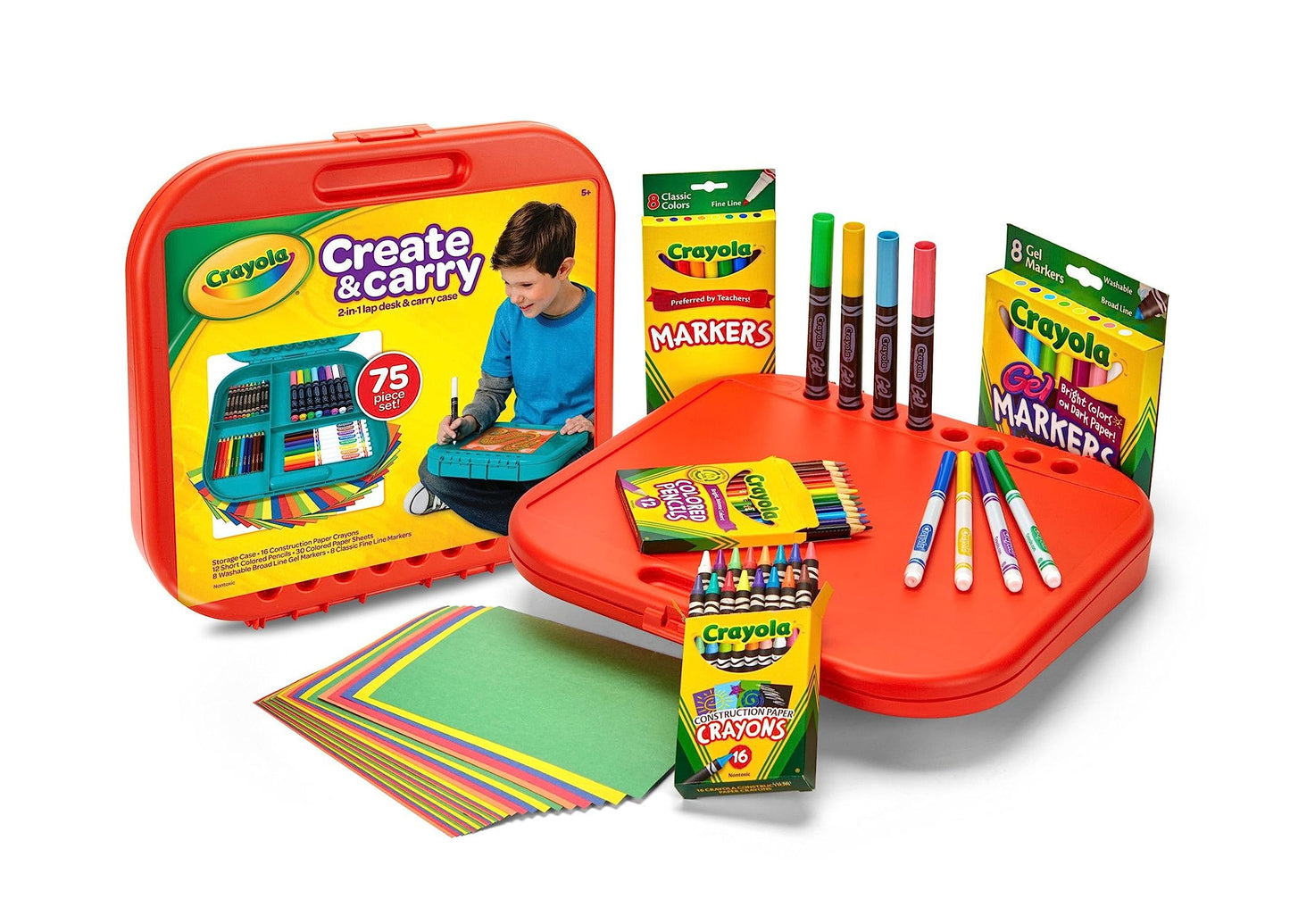 Crayola Create 'N Carry Travel Art Set for Kids (75pcs), 2-in-1 Lap Desk & Carrying Case, Essential Art Supplies Kit, Spring Crafting, Gift for Kids