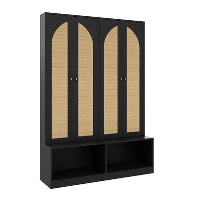 Merax Farmhouse Hall Tree with 4 Rattan Doors & Bench - 55.1" Entryway Shoe Cabinet, 6 Hooks, Adjustable Shelf, Mid-Century Storage for Living Room, Black