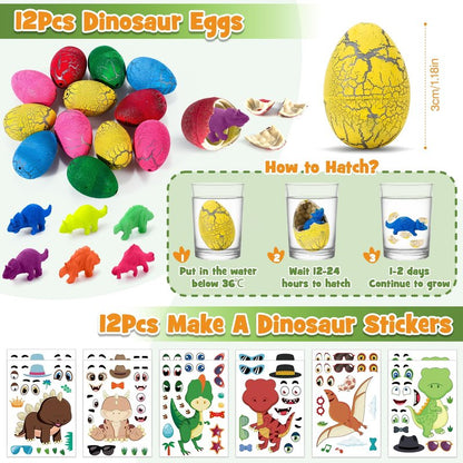 SNLN 12 Sets Dinosaur Party Favors for Kids Birthday, Magnifying Glasses Luminous Keyring Dino Egg Sticker Dino Party Supplies with Skeleton Toy Silicone Bracelet Gift Bag Dino Theme Stuffer Fillers