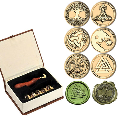 6PCS Viking Rune Wax Seal Stamp, Viking Vegvisir Valknut Tree of Life Sealing Wax Stamp with Wooden Handle, Vintage Brass Stamp for Wedding Invitation, Gift Wrap, Envelopes, Christmas Card (A1)