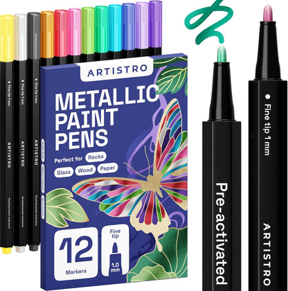 12 1mm ARTISTRO Metallic Paint Pens for Glass Marking, Rock Painting, Ceramic, Wood, Fabric, Scrapbooking, DIY Craft