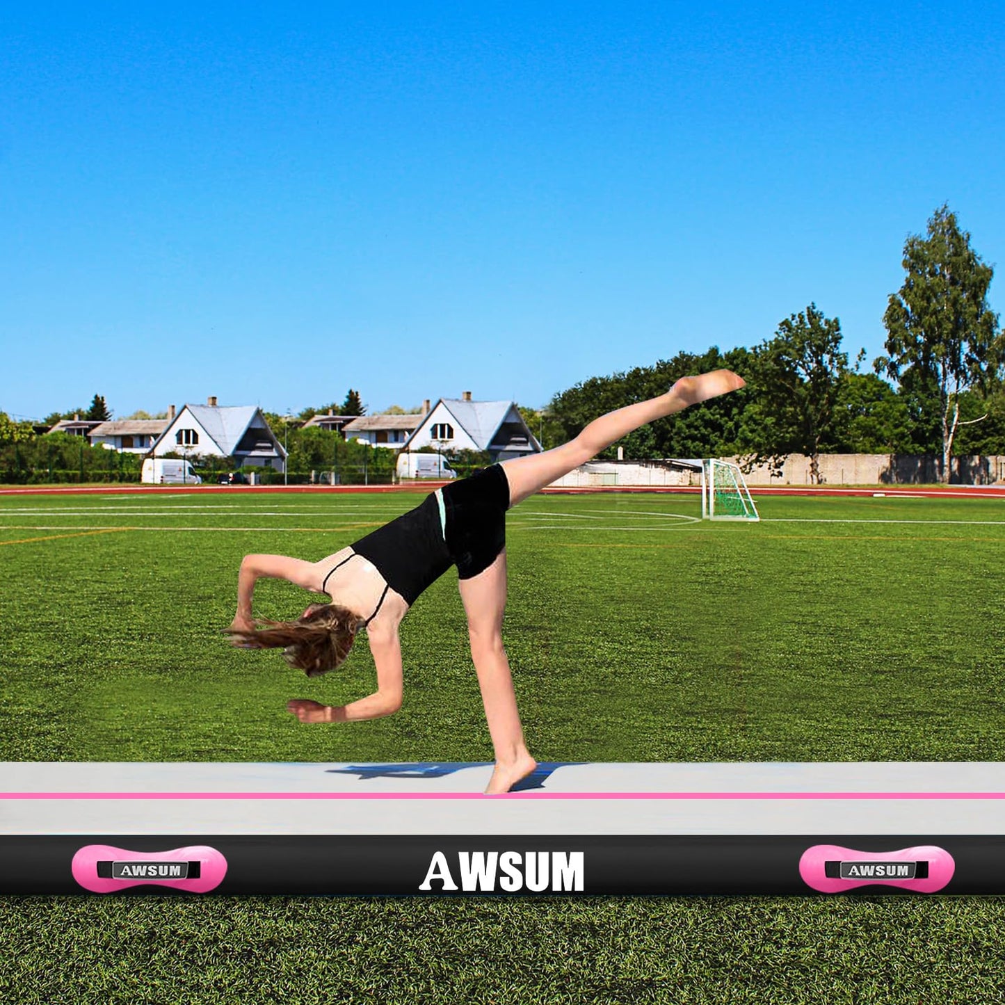AWSUM 13ft Gymnastics Mat with Air Roller Tumbling Barrel Back Somersault Backbend Trainer for Inflatable Gymnastics Springboard Back Handspring Equipment, with Electric Pump