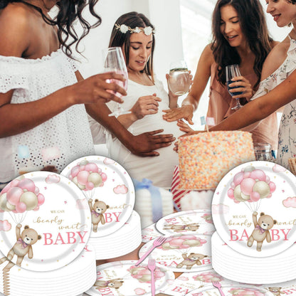 96 Pcs Bear Baby Shower Party Plates and Napkins Set, We Can Bearly Wait Party Decorations Supplies Brown Coffee Pink Tableware for Girl Baby Shower Decor, Serves 24