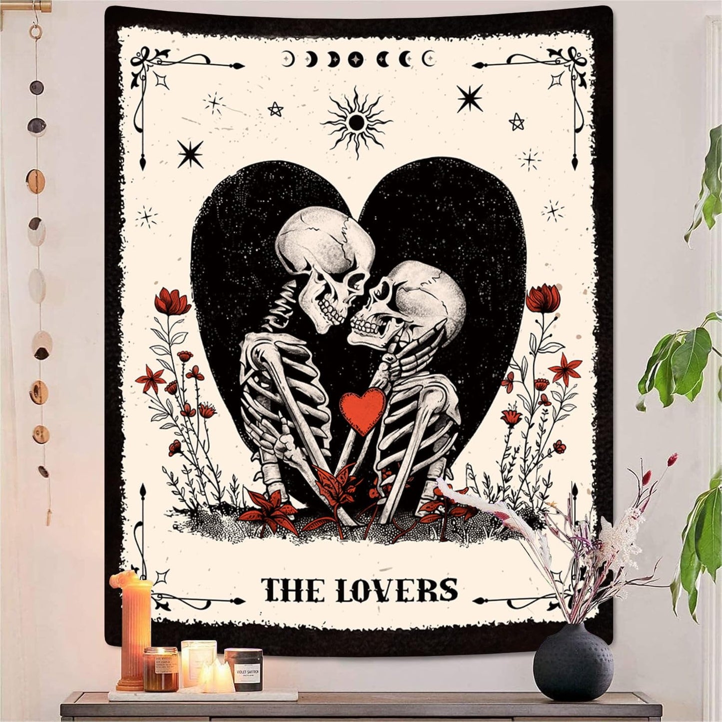 ARTCREATOR The Lovers Skull Tapestry Wall Hanging Black and White Skeleton Tapestries Vertical Witchy Gothic Wall Bedroom Decor for Living Room Bedroom (59" x 78")