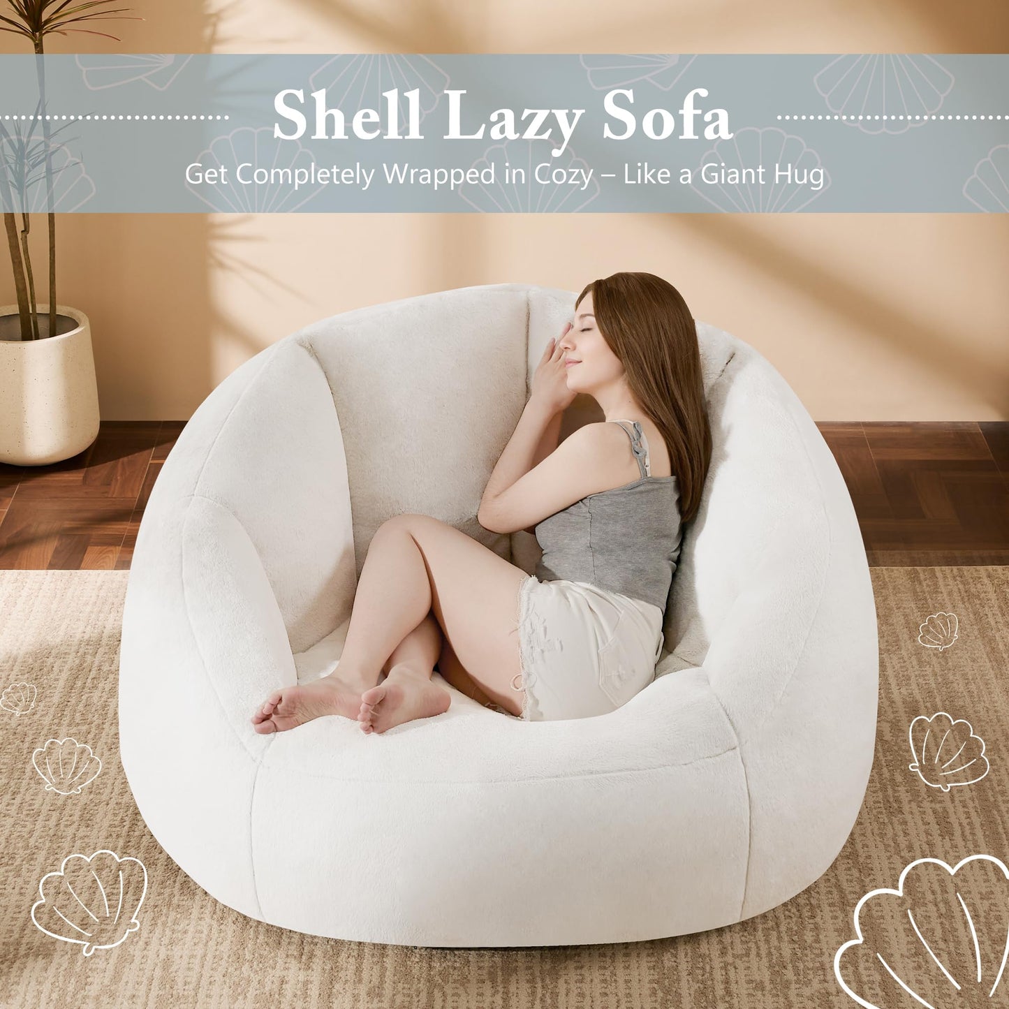 Gericco Swivel Giant Bean Bag Chair for Adults - Comfy Plush Round Shell Soft Accent Chair, Oversized Cozy Floor Sofa for Living Room, Bedroom & Game Rooms, Beige