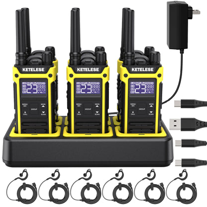 KETELESE T3F Walkie Talkies 6 Pack for Adults, IP67 Waterproof 2 Way Radios Rechargable, with Earpiece and Mic, Shock Resistant, Dual PTT, One Key Group Call, VOX, NOAA&Wheather Alert, Black/Yellow