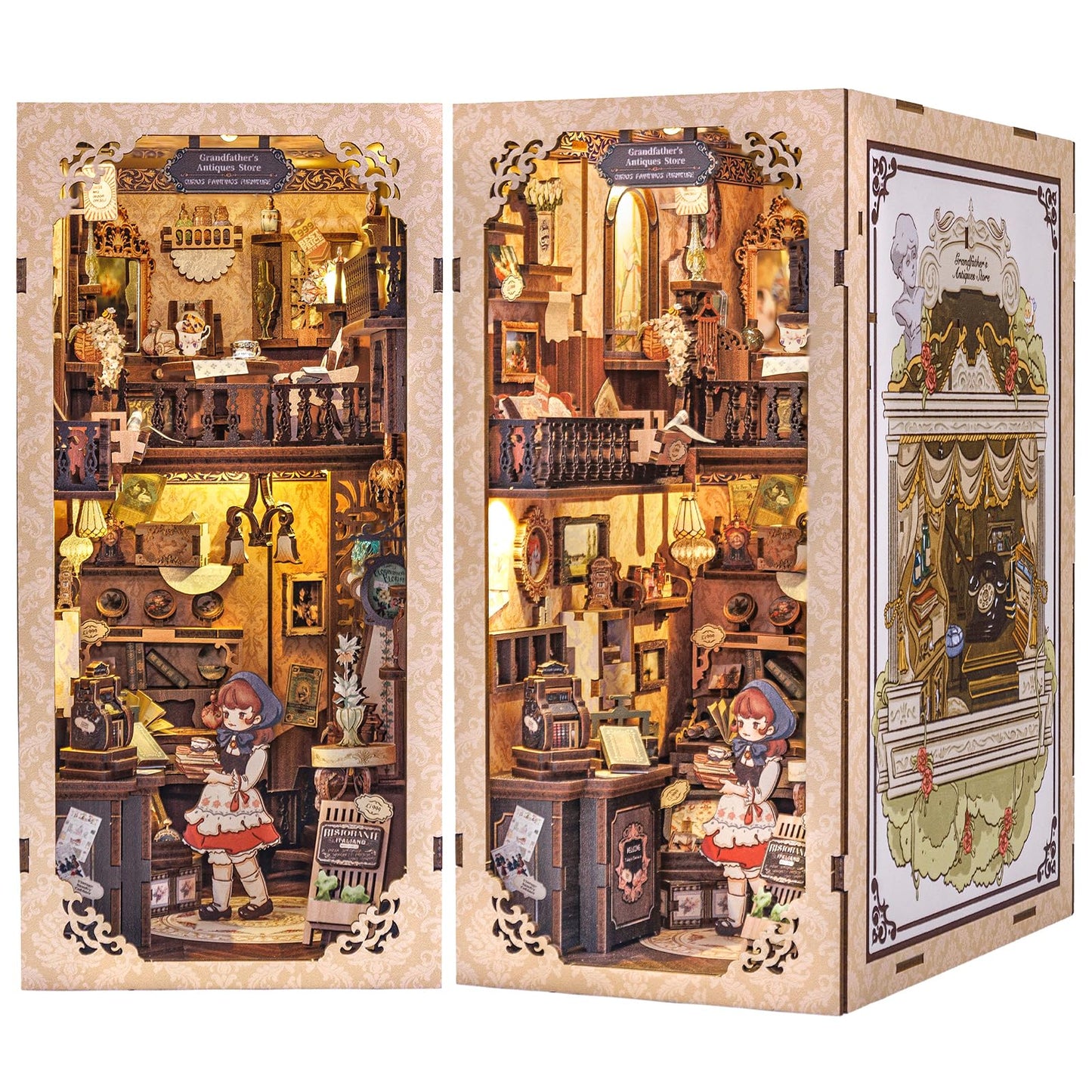 Fsolis Book Nook Kit -DIY Bookshelf Miniature Kit, Bookshelf Nook Decor Gifts for Women Book Lovers (Grandpa's Antiques Store)