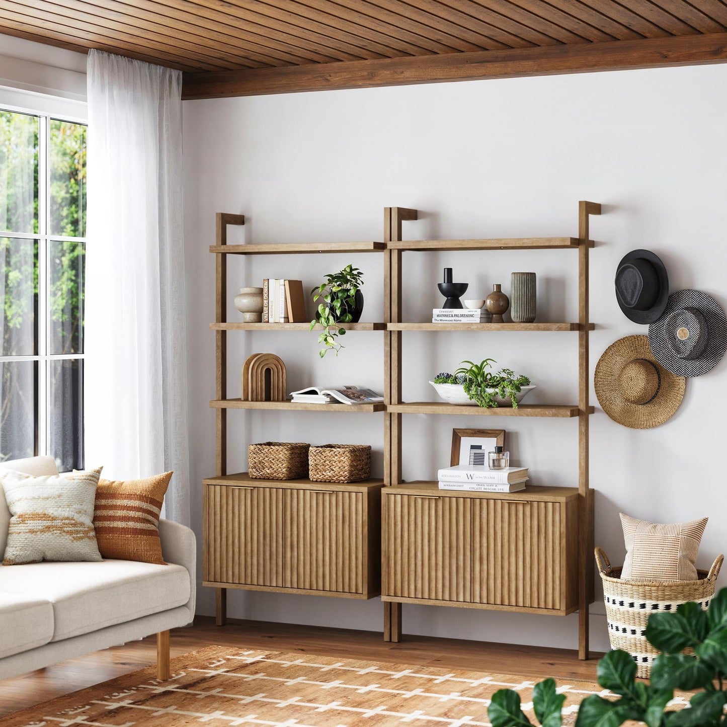 Nathan James Jasper 3-Shelf Solid Wood Boho Bookshelf, Wall Mounted Bookshelf with Cabinet with Fluted Doors, Light Brown, Set of 2