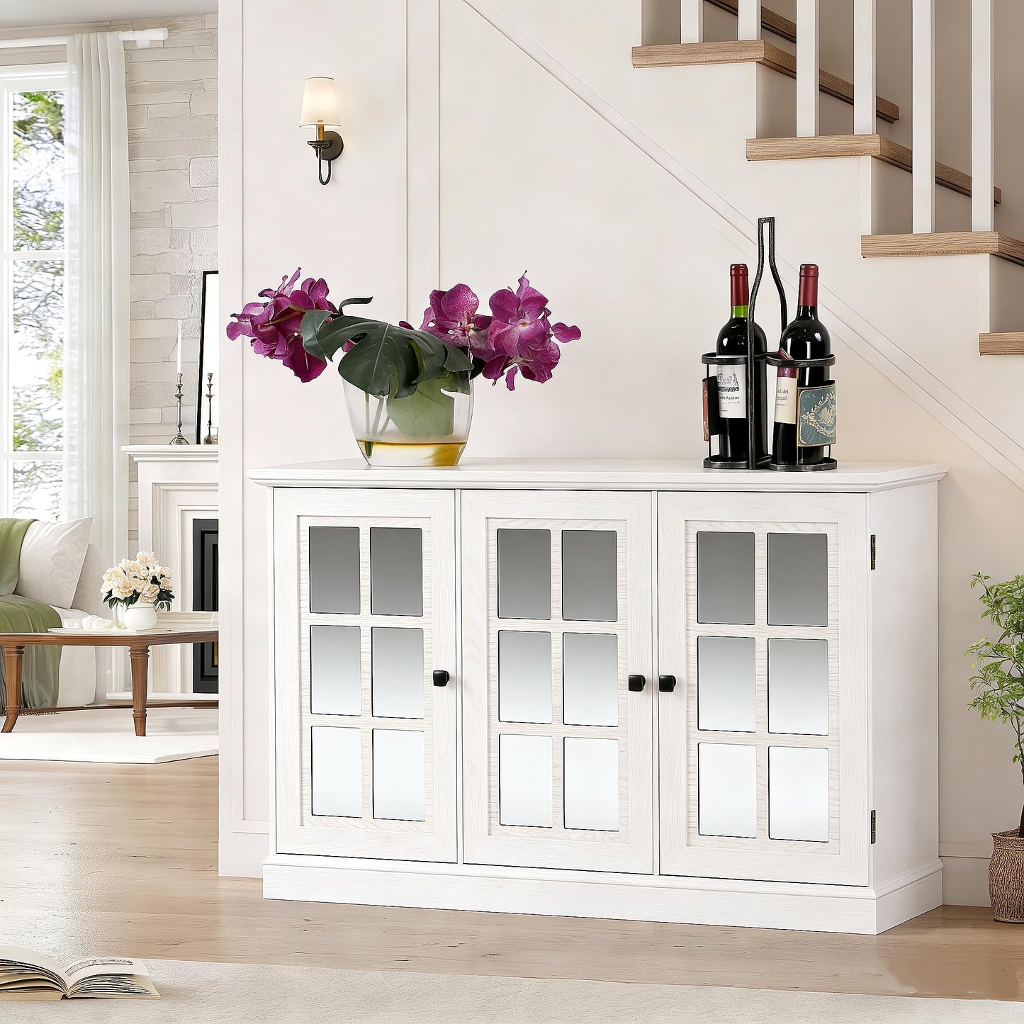 GDFStudio 45" Modern Buffet Sideboard Cabinet, Storage Cabinet with 3 Acrylic Mirrored Doors & Adjustable Shelves, Freestanding Credenza Buffet for Dining Room, Accent Cabinet Coffee Bar, White