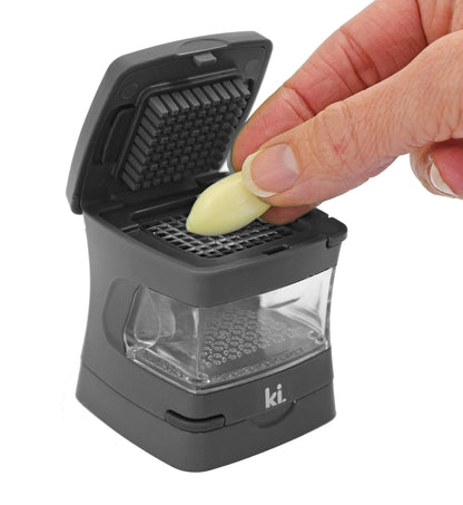 Kitchen Innovations Garlic-A-Peel Garlic Press, Crusher, Cutter, Mincer, and Storage Container - Includes Silicone Garlic Peeler - Easy to Clean - Stainless Steel Blades – (Grey), standard