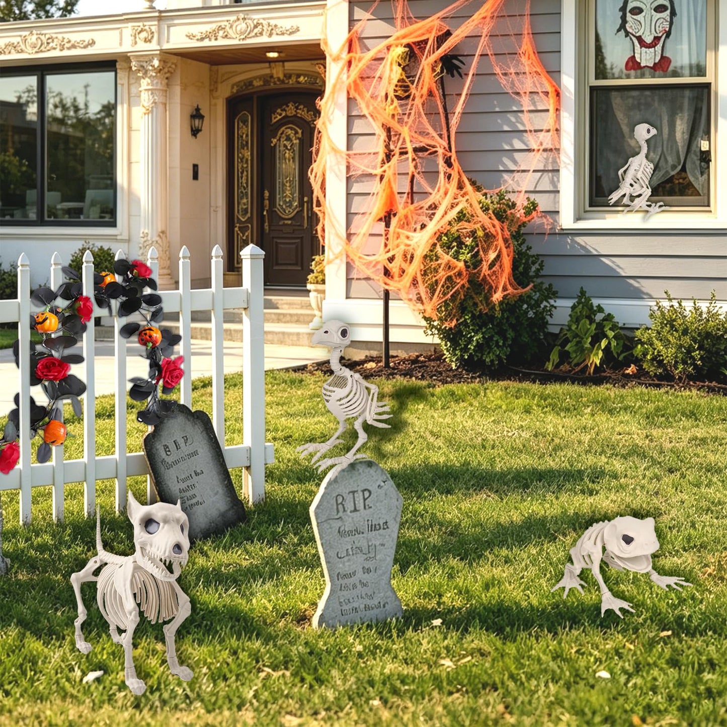 HRONG 3PCS Animal Skeleton Figurines, Plastic Skeletons Dog Crow Frog Ornaments, Halloween Skeleton Decorations for Home Office Desk, Spooky Party Favors & Gifts for Men Women