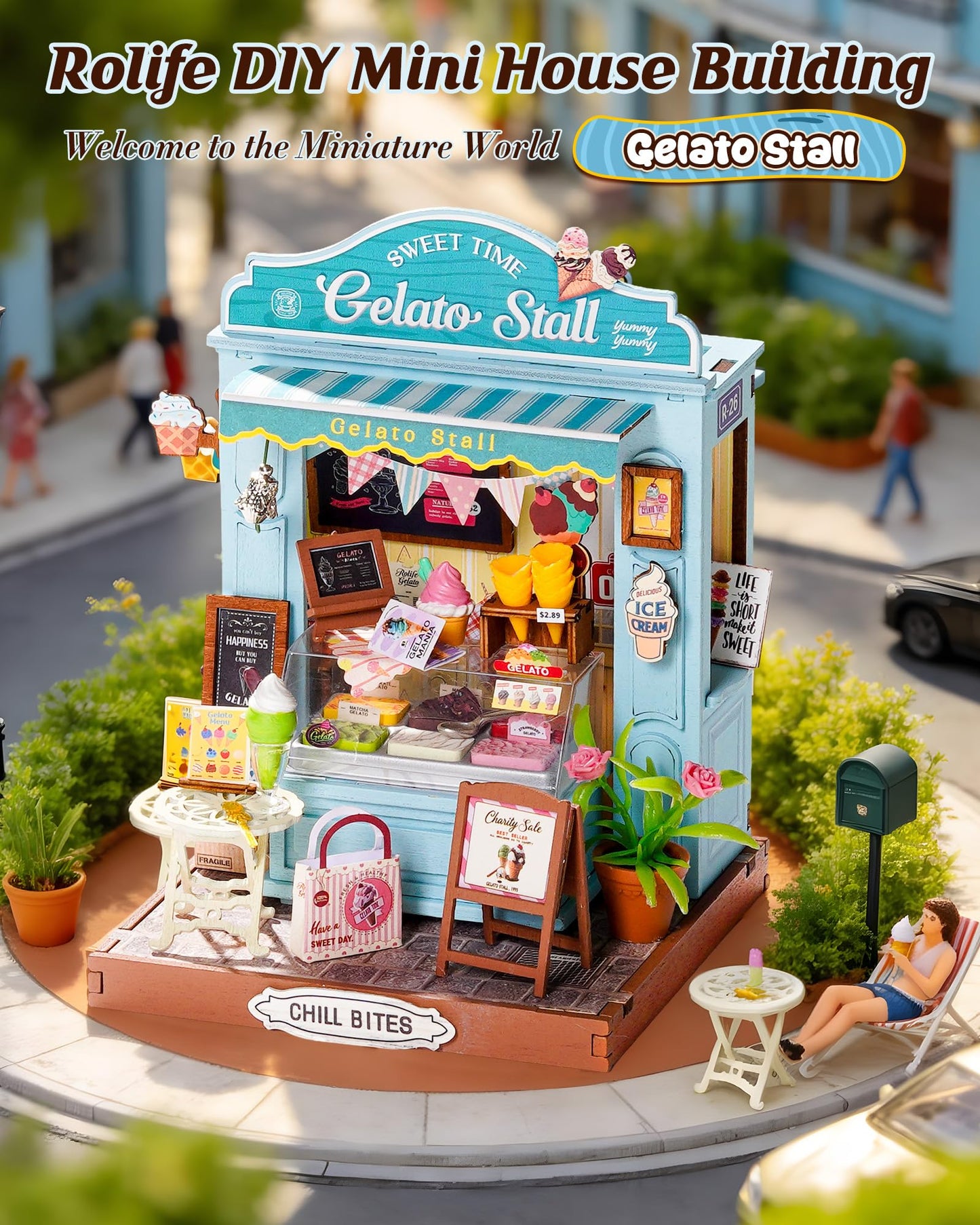 Rolife DIY Miniature Kit Mini Building Dollhouse Gelato Stall, Miniverse Lifestyle Mini Bookshelf Decoration, DIY Hobbies for Craftsman (Gelato Stall)