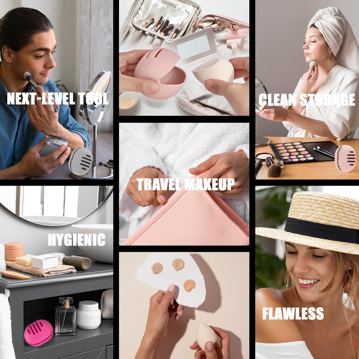 2 Pcs Makeup Sponge Holder,Double-Sided Breathable Silicone Beauty Blender Holder for Travel or Daily,Shatterproof Make-up Travel Case Quick Drying Easy to Carry,Grey+Pink