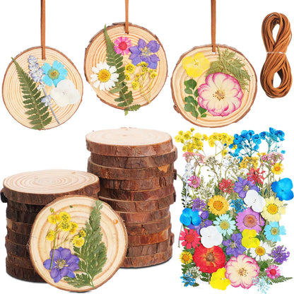 Maasechs 20 Set Spring DIY Wooden Crafts with Dried Pressed Flowers Leaves Unfinished Wood Slices Hanging Ornaments for Art Project Craft Wedding Home Decoration Gifts(Vivid)