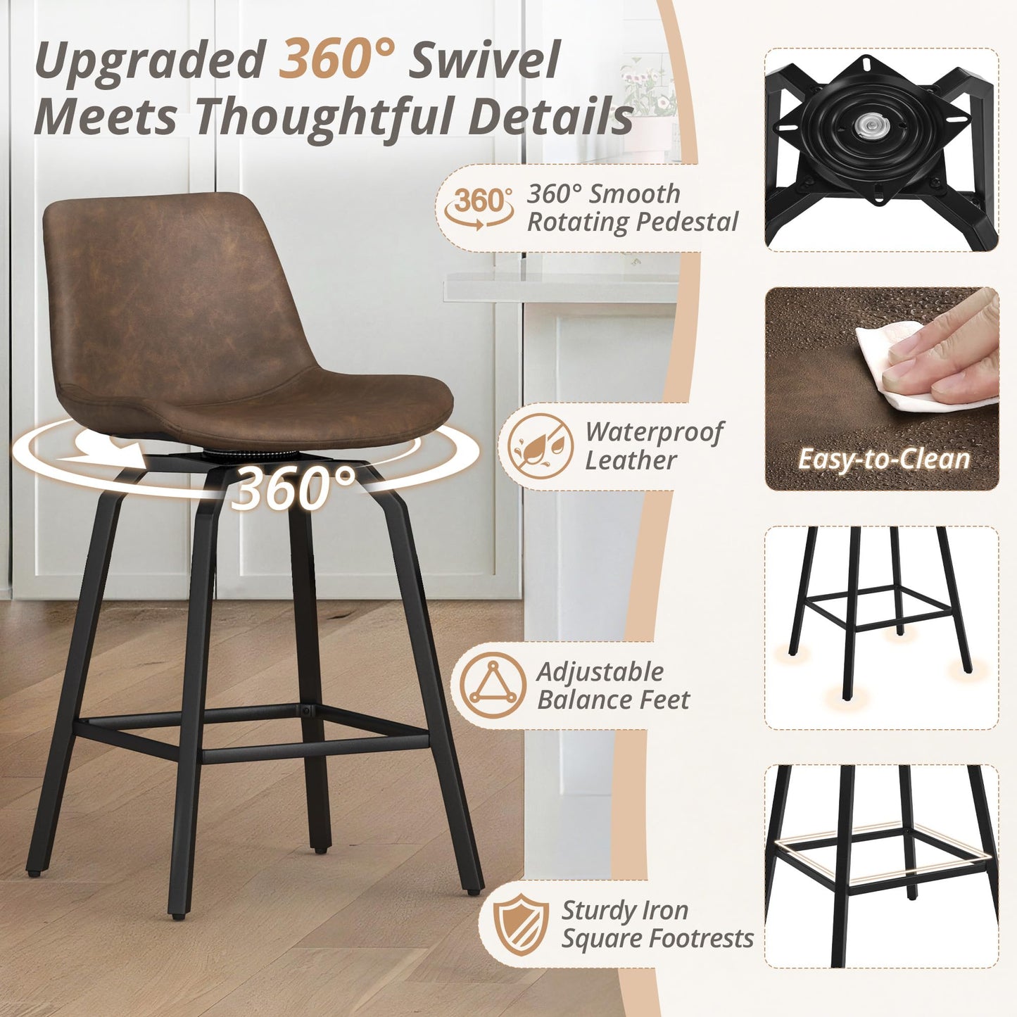 LUE BONA 360° Swivel Bar Stools Set of 4, 26 Inch Counter Height Bar Stools, Modern Faux Leather with Enlarged Seats, Metal Legs for Kitchen Island, Dining, Vintage Brown