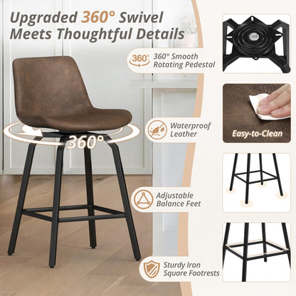 LUE BONA 360° Swivel Bar Stools Set of 4, 26 Inch Counter Height Bar Stools, Modern Faux Leather with Enlarged Seats, Metal Legs for Kitchen Island, Dining, Vintage Brown