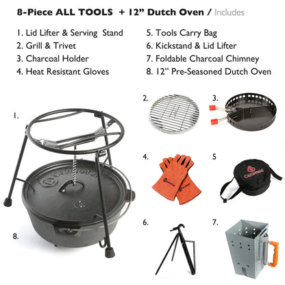 CampMaid Outdoor Cooking Set - Dutch Oven and Tools Set - Charcoal Holder & Cast Iron Grill Accessories - Camping Grill Set - Outdoor Cooking Essentials - Camp Kitchen Equipment - (8 Piece Set)