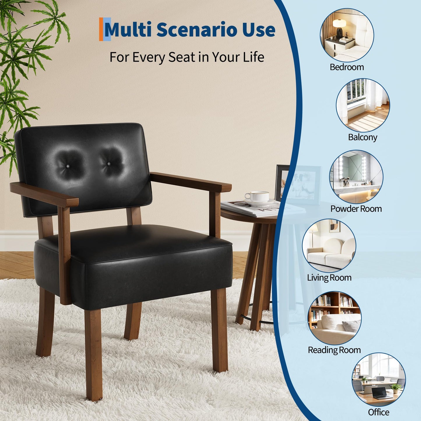 Garvee Mid-Century Accent Chair Set of 2 with Wood Frame, PU Leather Upholstered Lounge Arm Chair with Classic Button Tufting Reading Leisure Chair for Living Room, Bedroom, Balcony, Black