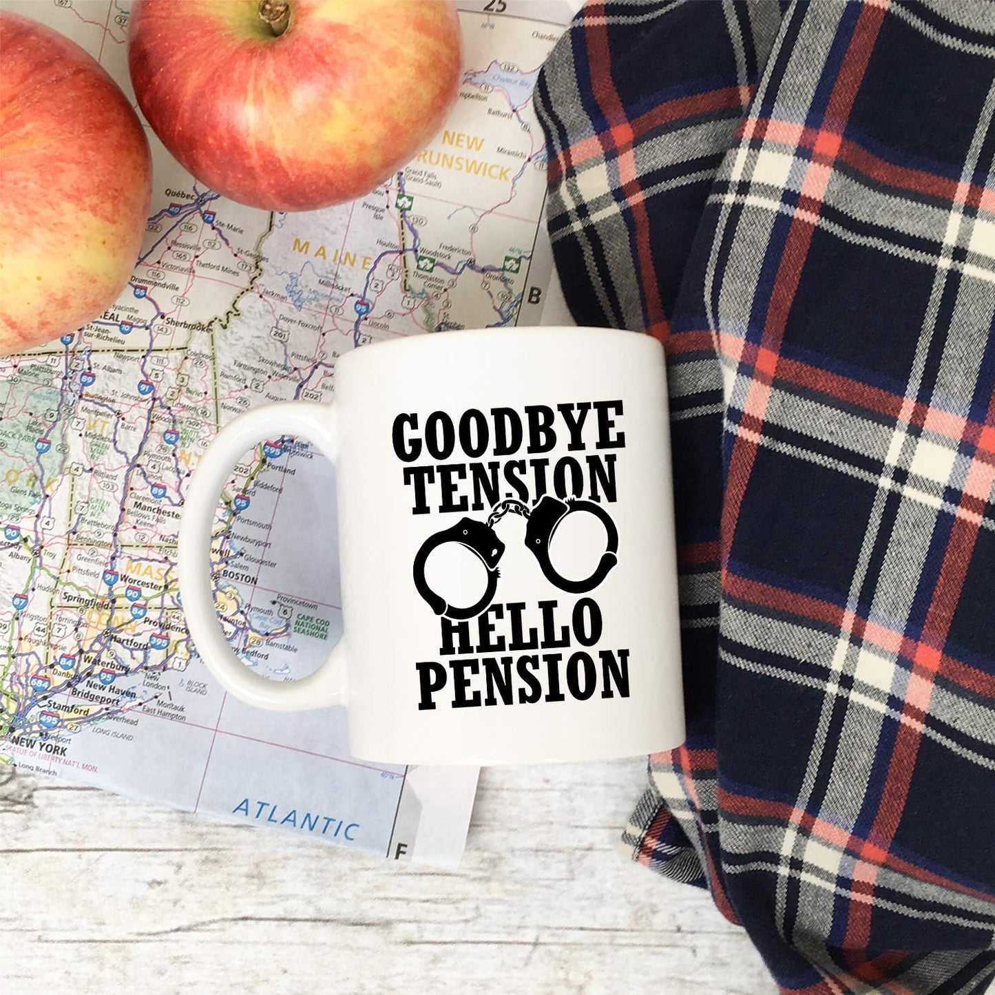 YouNique Designs Goodbye Tension Hello Pension - 11 Oz Portable Coffee Mug, Retirement Gift for Police Officer